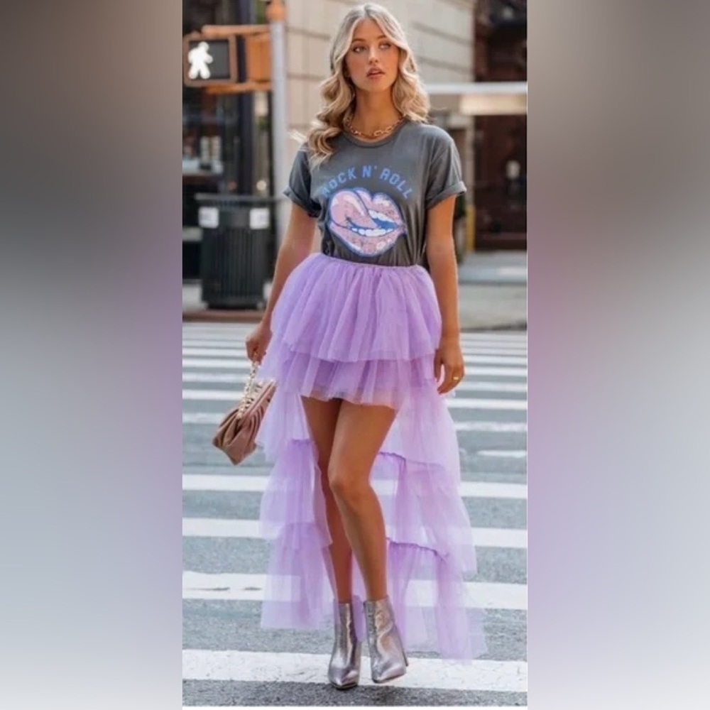 Purple tiered tulle high low maxi skirt